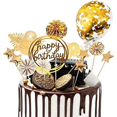 Cake Decorations 13Pcs Cake Toppers Kit Cupcake Topper with Golden Paper Fans Happy Birthday Acrylic Banner Sequins Balloon Fireworks Stars for Gold Theme Birthday Party Anniversary Cake Decor Cover