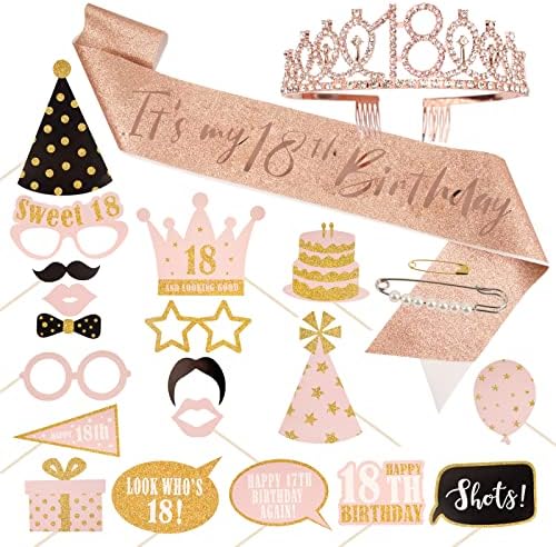 18th Birthday Sash and Tiara Crown Rose Gold 18th Birthday Gifts for Girls 18th Photo Booth Props Gold Foil Glitter Sash 18th Birthday Decorations