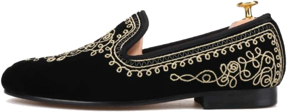 FERUCCI Handmade Men Plain Black Velvet with Gold Embroidered Threads Slippers Loafers