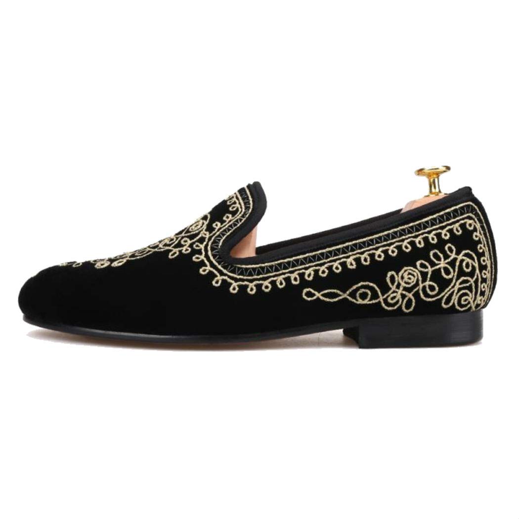 FERUCCI Handmade Men Plain Black Velvet with Gold Embroidered Threads Slippers Loafers