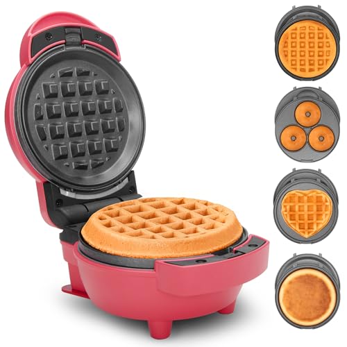 Baker's Friend 4 in 1 Mini Waffle Maker with Removable Plates, Set Includes Mini Pancake, Donut, Heart Shape Waffle Makers, Compact Size, Recipe Included, Red