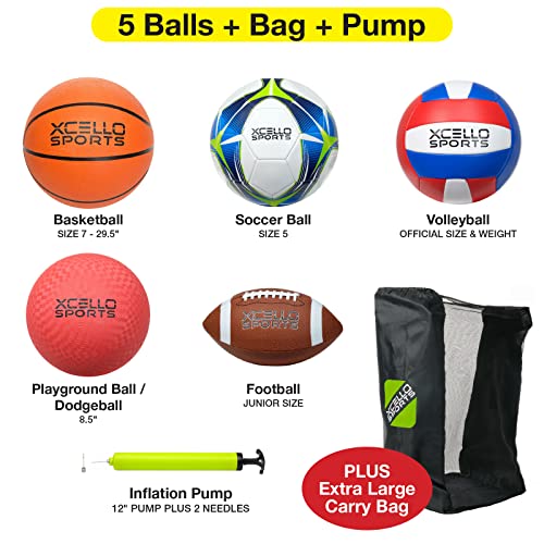 Xcello Sports Multi-Sport 5 Ball Assortment, Football, Basketball, Soccer Ball, Volleyball, And Kickball With Ball Pump And Carry Bag #TOP1