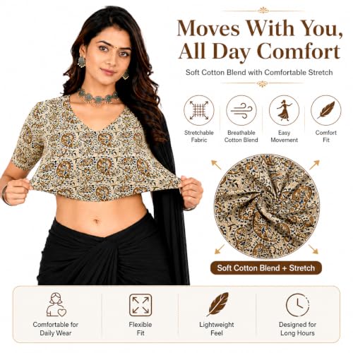 Image of Mogsa Women's Kalamkari Print Cotton Stretchable V-Neck Readymade Saree Blouse | Soft Cotton Blend | Stretch Fabric | Ready-to-Wear