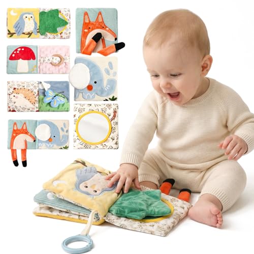 Macabaka Montessori Soft Baby Book - Sensory Book for Babies 0-12 Months with Crinkle Paper, Touch & Feel Textures, Baby Safe Mirror & Teether. Educational Infant Toys for Tummy Time, Newborn
