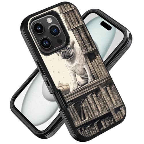 ZXHSBROK Designed for iPhone 16 Pro Max Case, Military Grade Heavy Duty 3-Layer Shockproof Drop Phone Protective Cover for iPhone 16 Pro Max (2024) 6.9 inch, Pug on Bookshelf