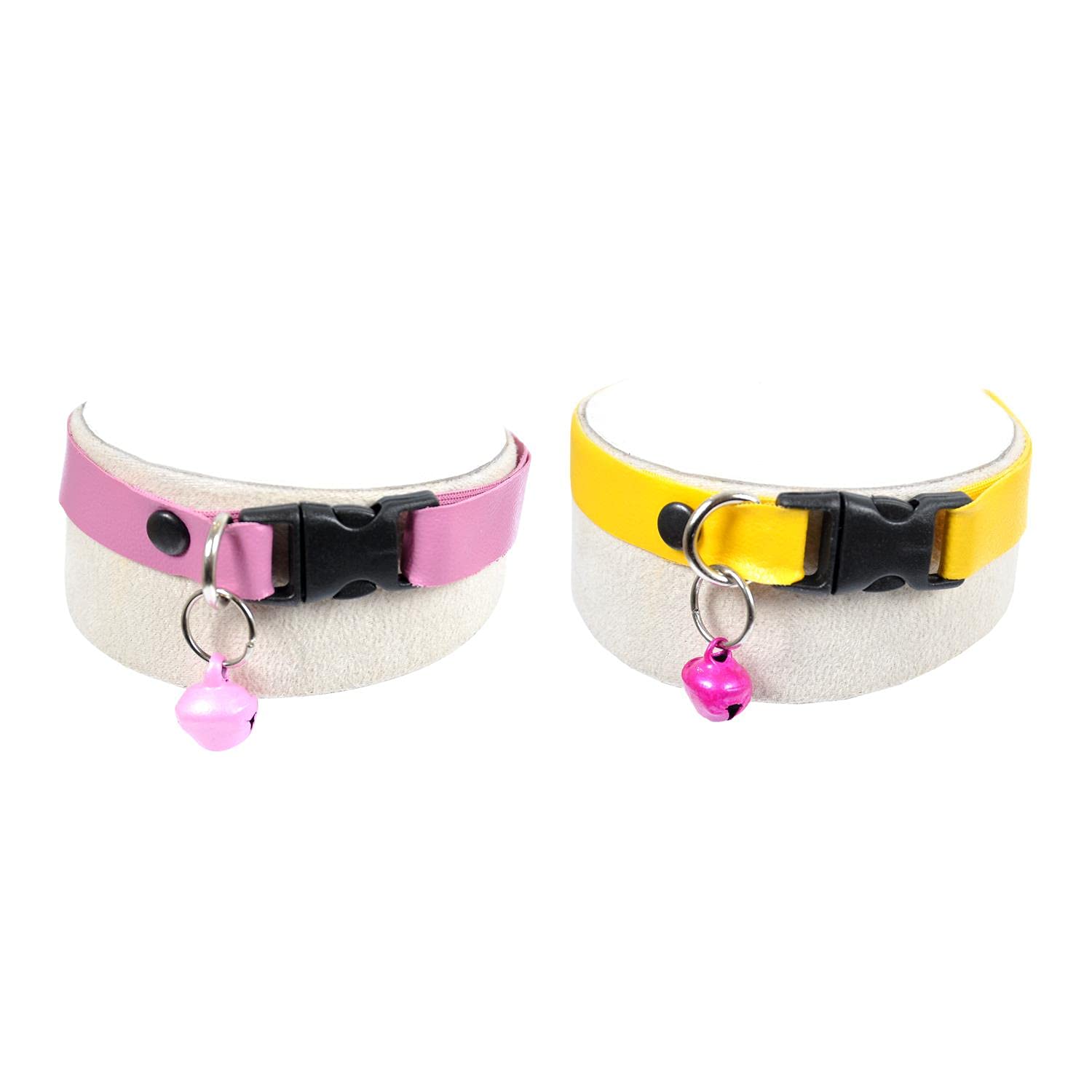 Sarı ve Pembe Suni Deri Zilli Köpek Boyun Tasması, 2'li Ayarlanabilir Set