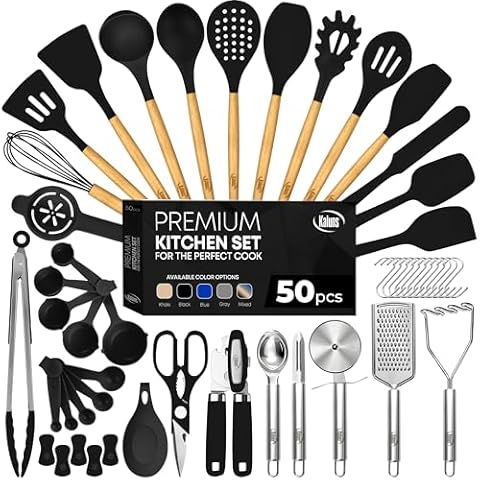 Kaluns 50 PCS Silicone Kitchen Utensils Set - Christmas Gifts For Mom Women Complete Kitchen Set - 800°F Heat Resistant Non-Stick Premium Silicone Cooking Utensils W Wooden Handles Gifts For Mothers Cover
