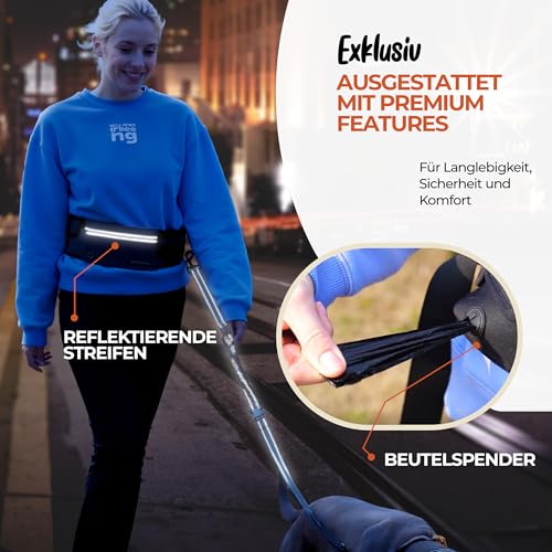 PORTENTUM Joggingleine Hunde - Freihändig, Laufen, Wandern, Anti-Stress, Gurtband, Reflektierend (Schwarz)