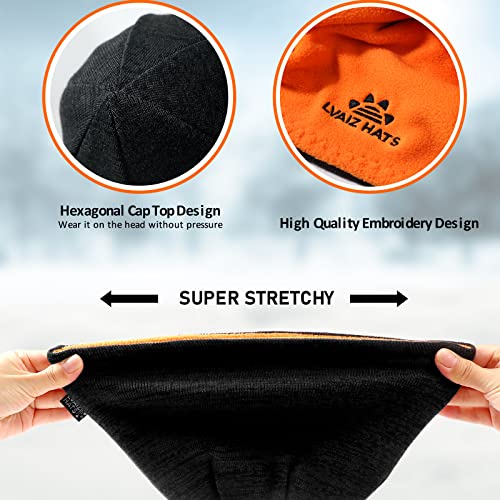 Lvaiz Winter Fleece Lined Knitted Beanie Hats For Men Reversible Windproof Watch Hat Warm Skull Cap For Women(Black+Orange) #TOP2