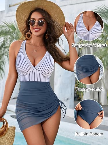 Image of Blooming Jelly Women One Piece Swim Dress Tummy Control Swimsuits Slimming Mesh Sheer Sarong Wraps Bathing Suit