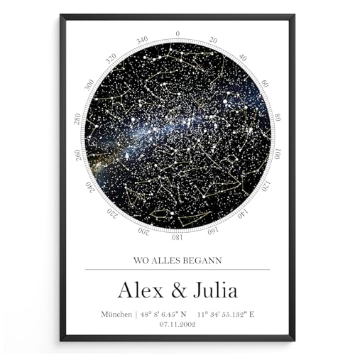Tigerlino Personalisierte Sternenkarte Poster – Sternenhimmel mit Datum & Ort Koordinaten – Wo alles begann Geschenk für Paare, Hochzeit, Jahrestag, Liebe Sternbilder Astronomie Hochzeitstag