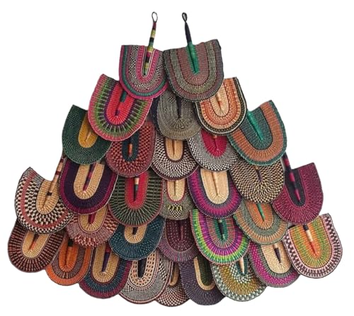 Hand-woven In Ghana African Handheld Bolga Fan, Wall Art Decor, with Leather Handles Men & Women Size: 17