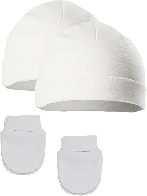 Soft Touch 2 x Baby Hat & Mittens Set 2 Pairs Anti Scratch Mittens Baby Boys Girls Cotton Hat NB & 0-3 Months