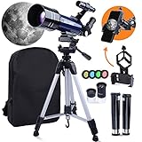 【Sistema Óptico de Alta Calidad】El telescopio consiste en una distancia focal de 400mm y un objetivo de 70mm de diámetro, y hecho de una lente de cristal óptico totalmente recubierta y y un recubrimiento de alta transmisión para proporcionarle una imagen clara y brillante.