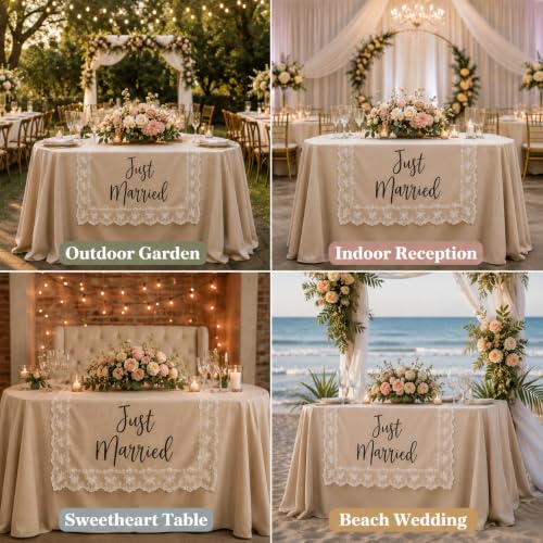 Image of Just Married Wedding Table Runner with Lace Trim, Handmade Sweetheart Head Table Banner Just Married Lace Sign for Wedding Reception Car Event Bridal Shower Home Bar Party