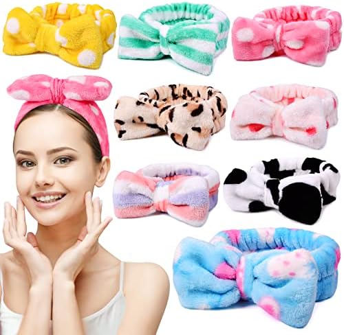 UMIKU 8 Pack Spa Headband for Women, Facial Makeup Headband Soft Coral Fleece Cosmetic Headband for Women Girls Bow Hair Band Head Wraps for Washing Face Mask Spa Shower Gifts