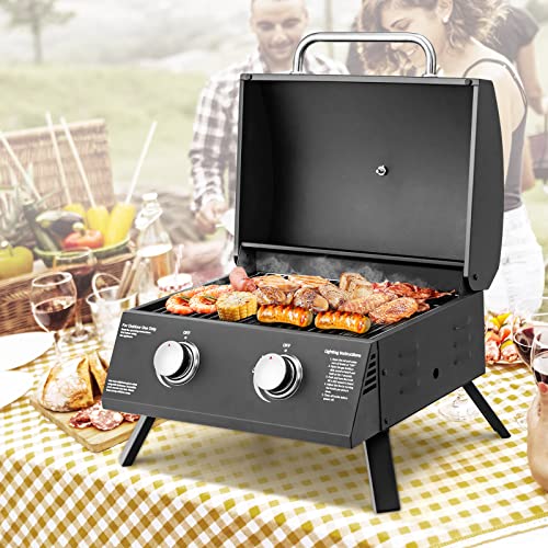 Giantex Portable Gas Grill, 2 Burners Max. 20,000 Btus Total, Tabletop Propane Grill With Built-In Thermometer, Folding Legs, Grease Collector, Camping Gas Grill For Out Cooking Picnic Rv Bbq, Black #TOP1