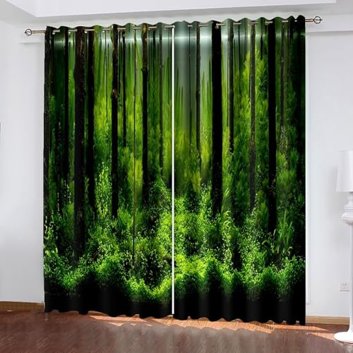 Lirzxin Bedroom Curtains Eyelet Blackout Curtains 90 Inch Long, Thermal Insulated Curtain Ring Top Tree Trunk and Plant Landscape Window Treatments for Living Room Green 34 x 90 Inch, 2 Panels