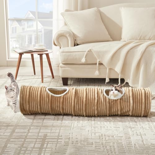 屋内猫用猫トンネル 猫のおもちゃ 折りたたみ式トンネルストレートチューブ 楽しいボールと2つの穴付き 猫遊びトンネル ウサギ、フェレット、子犬、小型ペット用、直径9.8インチの商品画像（Amazon）