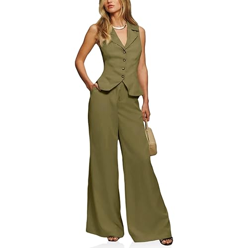 Cicy Bell Womens Vest Sets Summer 2 Piece Outfits Button Crop Blazer Vest and Wide Leg Pant Suits