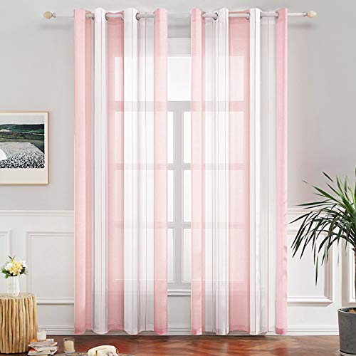 MIULEE Rideaux Voilage à Rayures Blancs et Rose Claire, Voilages Intérieurs avec Oeillets, Beaux Voile Rideau Voilage Fenetre Chambre, Lot de 2 Transparent Rideaux...