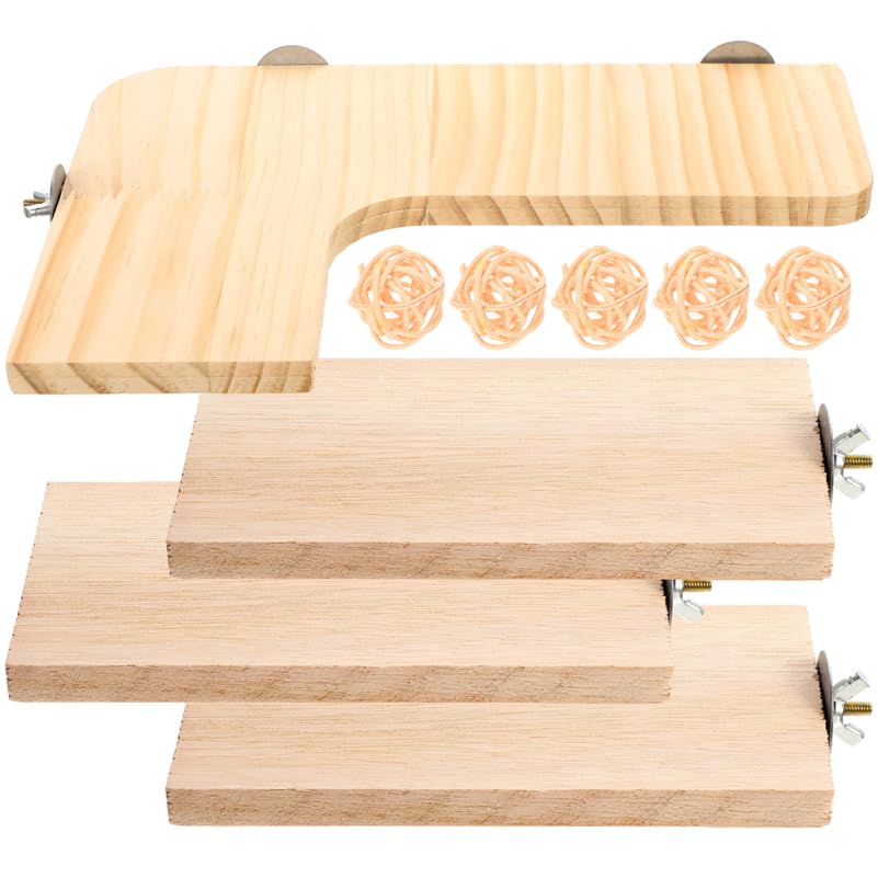 ibasenice 10Pcs Hamster Platform & Bird Perch Set, Solid Wood Cage Shelf Jumping Board with Rattan Balls, Enrichment Climbing Toys Cage Accessories for Hamsters, Parrots, Gerbils, Rats, Beige
