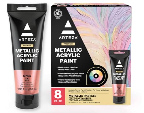 ARTEZA Pastel Acrylic Paint Set of 8 Metallic Tones 4.06 fl oz Tubes High Viscosity Water-Based Paint Glossy Finish Art Supplies for Painting Paper Canvas Wood and Fabric and DIY Projects