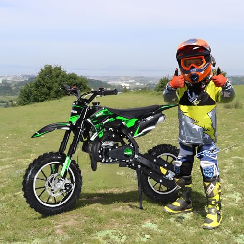 Image of 2026 New 50cc Dirt Bike for Kids 2-Stroke, Toddler Gas Powered Mini Bike with Front Rear Disc Brakes, Speeds up to 40KM /H, Gas Motorcycle for Children, Ideal Gifts for Boys Girls, Blue (Green)