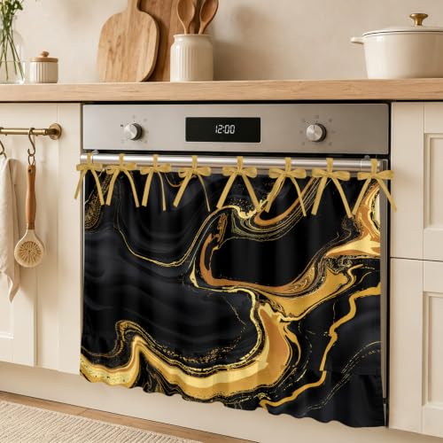 Black Gold Oven Skirt Curtain for Kitchen Decor 27 x 20 Inch Marble Luxury Abstract Abstract Fluid Texture Ruffle Oven Door Cover with Ties, Decorative Oven Skirt for Dishwasher, Stove, Cabinet
