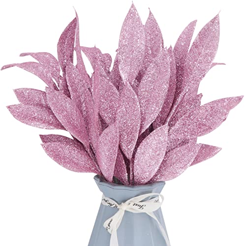 16 Pcs Artificial Glitter Leaves 13.8 Inch Fake Plants Flower Branches Leaf Christmas Tree Picks Sparkling Fillers Sprays For Xmas Wreath Garland Diy Crafts Home Holiday Arrangement Decor (16, Pink) #TOP8