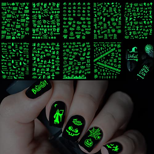 TailaiMei Halloween Nail Stickers Glow in The Dark, Fluorescent Design Nail Decals, Self-Adhesive DIY Nail Art Tips for Women Manicure(9 Sheets )