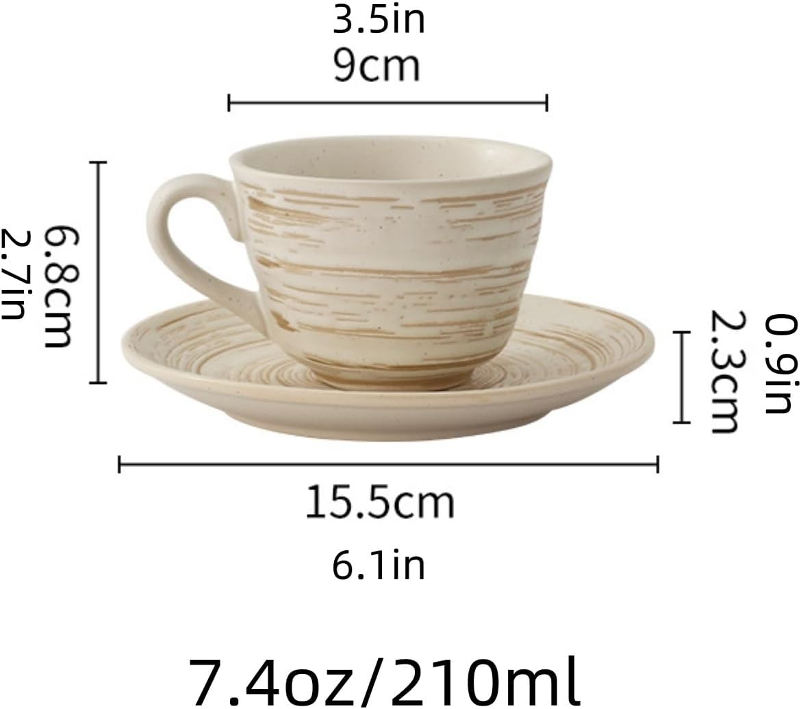 Striped Stoneware Coffee Cup with Saucer - 7.4oz Retro Ceramic Mug, Nature-Inspired Glaze, Microwave & Dishwasher Safe, for Latte Cappuccino Tea, Japanese Minimalist (Yellow)