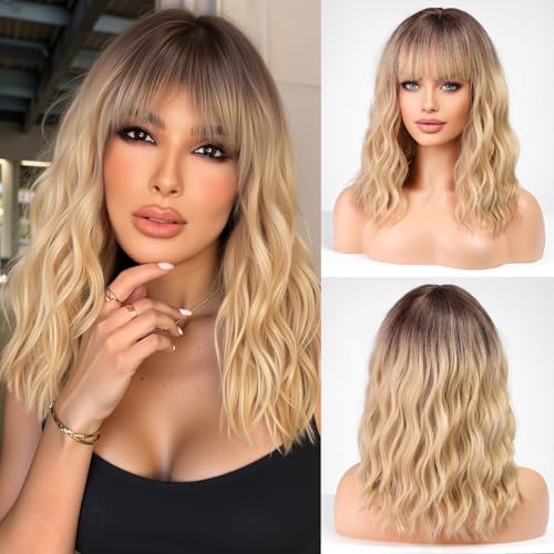 WOKESTAR Bob Parrucche con Frangia Ordinata, Parrucche Sintetiche Ricci Ondulate per Donne Colore Bionde con Radici Scure