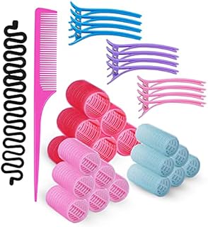 Rollicky Velcro Hair Rollers Set -32Pcs- Self Grip Hair Rollers with Clips - 18 Velcro Rollers, 12 Duckbill Hair Clips, Hair Braider, Hair Comb  Small, Medium, Large Rollers for Hair Volume & Styling