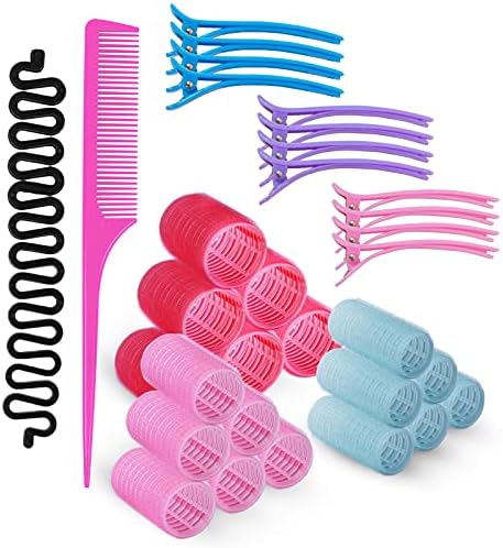 Rollicky Velcro Hair Rollers Set 32Pcs, 18 Velcro Rollers, 12 Duckbill Hair Clips, Hair Braider, Hair Comb-Small, Medium, Large Hair Rollers for Long Hair, Self Grip Hair Rollers for Short/Medium Hair