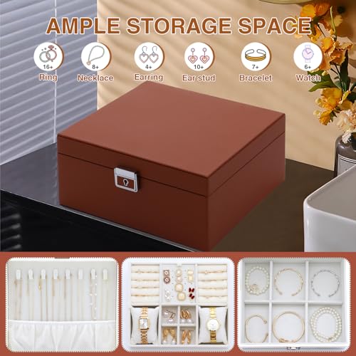 LISRUGEN Jewelry Organizer Box for Women,Large Genuine Leather Jewelry Organizers and Storage with Earring Holder Organizer Removable Velvet Jewelry Tray,Christmas Gifts for Mom,Orange — view 2