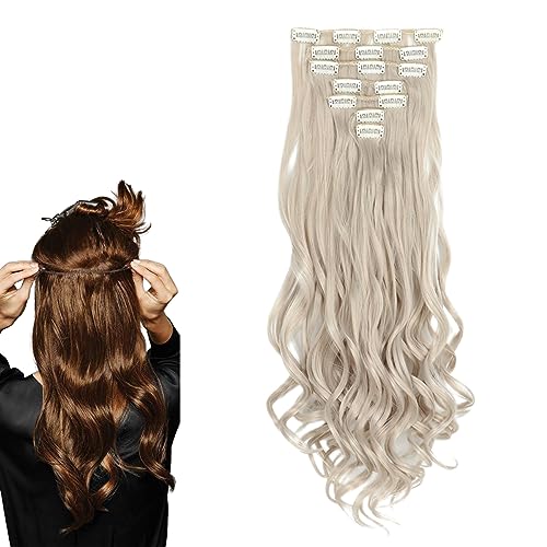 prinfantasy Ash Blonde Clip in Hair Extension Curly Hair Extension Clip in 22 Inches Long Synthetic Hair Extensions Soft Wavy Hair Pieces for Women Full Head MW100