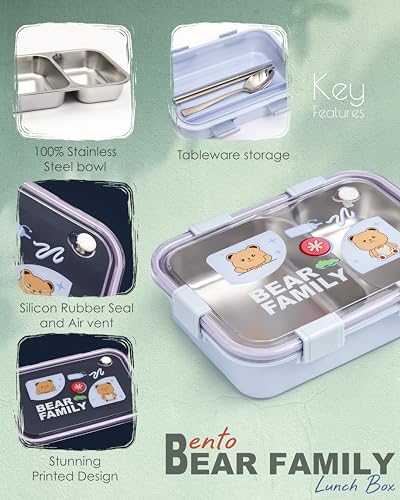 Image of Brand Conquer Lunch Box Leak-Proof BPA Free Stainless Steel for School, Lunch Box for School & Office with a Fork, a Spoon and a Pair of Chopsticks (Purple, Bear Family 2 Compartment)
