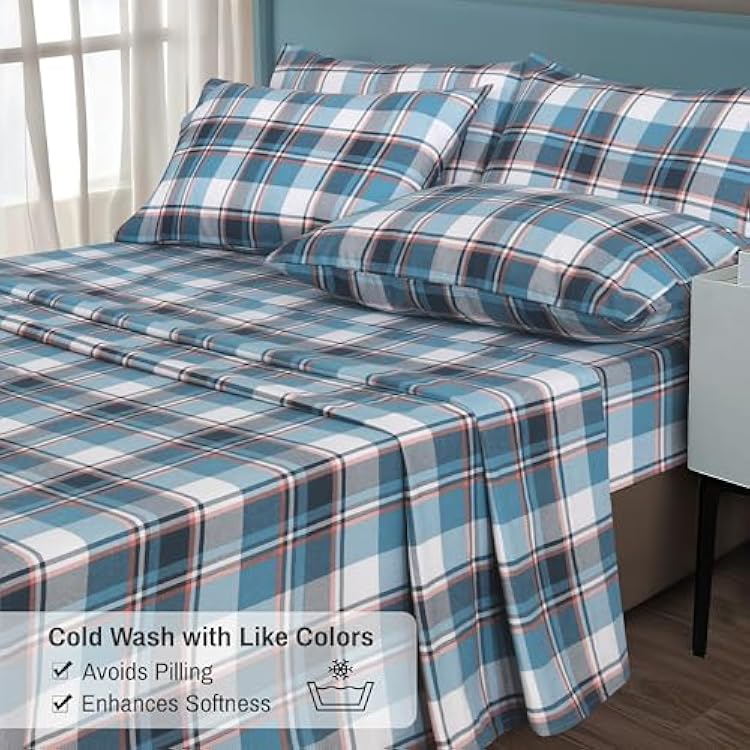 RUVANTI Flannel Sheets Queen Size 6 Pcs - 100% Cotton Double Brushed Bed Sheets, Deep Pockets 16 Inches Queen Sheet Set, All Seasons Breathable, Extra Soft & Comfy, Dynasty