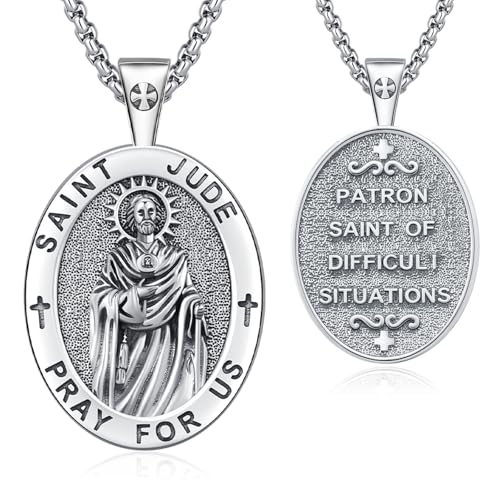 AUDINCEED St Jude Necklace for Men Women, San Judas Necklace 925 Sterling Silver Saint Jude Pendant Jewelry Amulet Necklace Protection Medal Jewelry Gifts