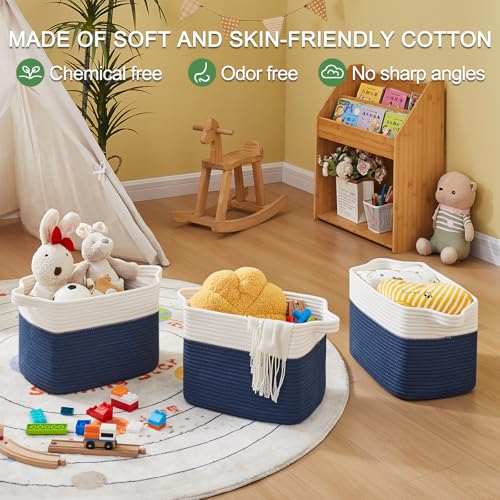 Image of OIAHOMY Storage Basket, Woven Baskets for Storage, Cotton Rope Basket for toys,Towel Baskets for Bathroom - Pack of 3, Gradient Blue
