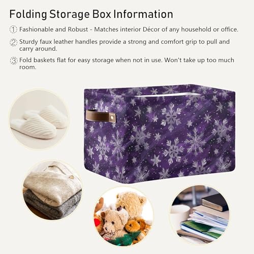 Image of Wamika Winter Snowflake Storage Basket with Waterproof Liner and PU Handles Christmas Purple Xmas Storage Bins Boxes 14.2 inch Collapsible Decorative Organizer Baskets for Bedroom Closet Office 1 Pack