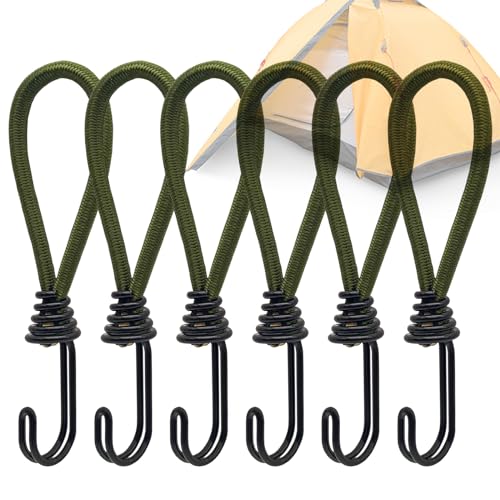 Bungee Cords with Hooks, 6 Pcs Tent Stretch Hooks, Metal Shock Cord Hooks, 15 cm Elastic Straps for Tents, Tarpaulins, Pavilions, PVC Banners, Camping Covers - Army Green