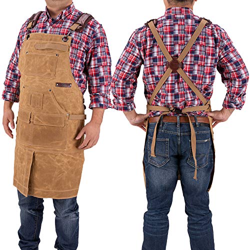 RIVECO Brown Apron for Men with Pockets for Tools and Accessories, Waxed Canvas Leather Shoulder Pads Protective Workwear Fullsize S to XXL… - Thumbnail 2