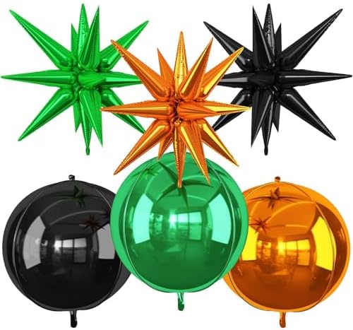 6Pcs Black Green Orange Foil Balloons,22Inch Black Orange Green 4D Round Ball Balloon and Explosion Star Balloon for Halloween Birthday Wedding Baby Shower Anniversary Party Decorations