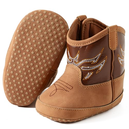 Image of Jastore Baby Boys Girls Cowboy Boots Infant Western Booties Toddler Soft Sole Non-Slip First Walker Crib Shoes