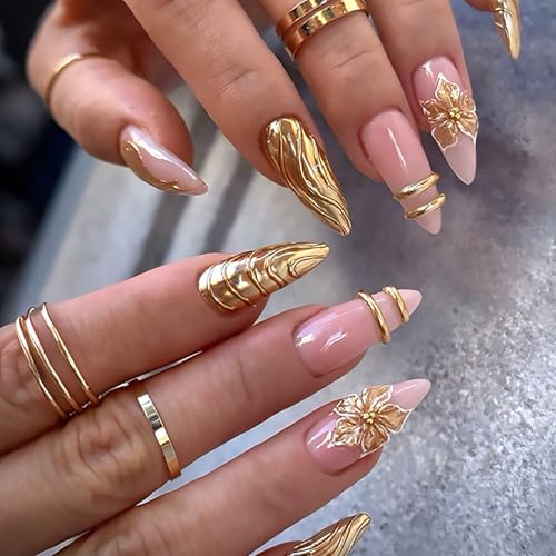 Gold Press on Nails Medium Almond Fake Nail with Flower 3D Stripe Designs Gold Chrome False Nails Acrylic Artificial Stick on Nail for Women 24 Pcs