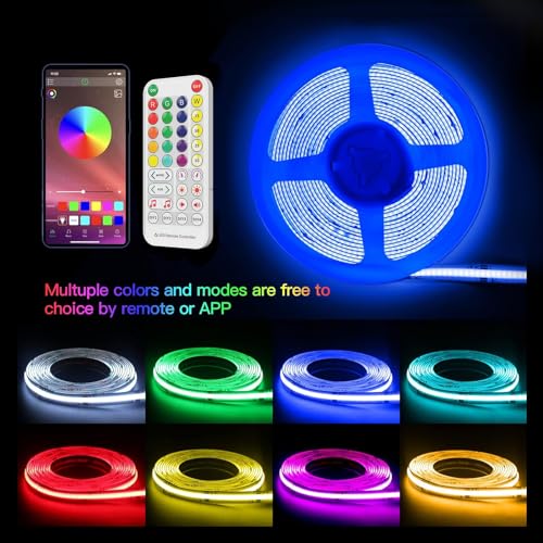 Image of RGB COB Led Strip Kit, 32.8FT Ultra Bright (840LEDs /m) Bluetooth Led Lights with Smart App Control Remote, 24V Music Sync Led Lights, Color Changing Led Strip Lights for Bedroom, Indoor Home Decor