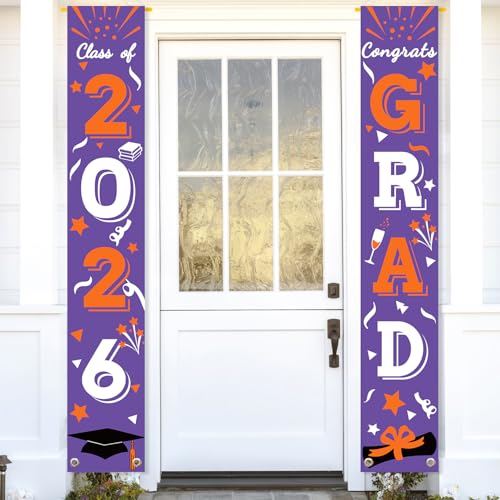 Image of Graduation Porch Banner Class Sign Congrats Grad Hanging Flags High School College University Party Decoration For Front Door Outdoor Purple Orange