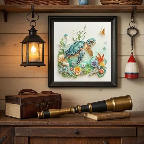 Image of Flavizo Diamond Painting Kit for Adults, Sea Turtle DIY Craft with Drill Rhinestones Canvas, Creative Diamonds Artwork, Handmade Decoration Sparkling Home Wall Display (30cm X 30cm)